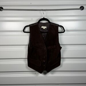 Ann Taylor Womens Brown Suede Button Front Vest Waistcoat Cinch Back Petite P